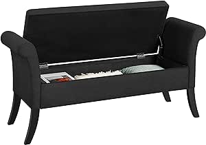 Yaheetech Fabric Modern Tufted Large Storage Bench with Rolled Arms Cushioned Storage Bench Entryway Bench Functional Storage Bench Footstool Foot Rest for Living Room Bedroom Window Side Black