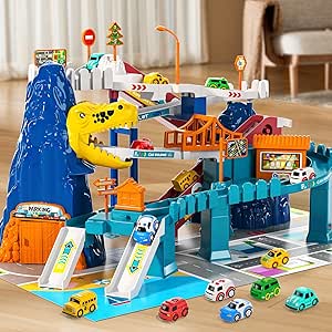 Boys Dinosaur Race Track Playset - Dinosaur Rolling Hill car Track for Kids, Car Ramp Track Toys for 3 4 5 6 7 Year Old Boys, Kids Toys Mountain Track, Mini Car for Kids