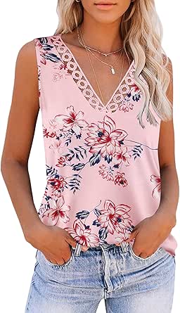 Zeagoo Women 2024 V Neck Lace Tank Tops Summer Floral Print Loose Fit Tops Sleeveless Shirts Casual Trendy Blouse