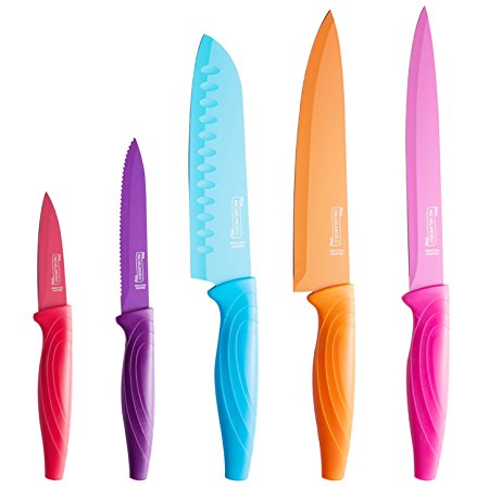 MICHELANGELO 10 Piece Rainbow Kitchen Knife Set - 5 Knives and 5 Matching Knife Sheath Covers, High Carbon Stainless Steel Knives - Santoku Knife, Bread Knife, Chef Knife, Slicing Knife, Paring Knife