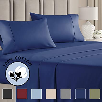 100% Cotton Split King Sheets Navy Blue (4pc) Silky Smooth, Cooling 400 Thread Count Long Staple Combed Cotton Split King Sheet Set – 400TC High Thread Count Split King Sheets - Split King Bed Sheets