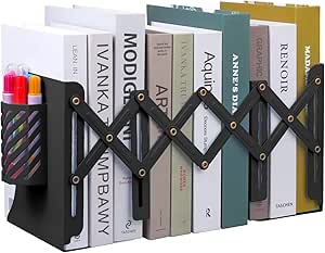 MSDADA Adjustable Bookends, Book Ends for Heavy Books, Expandable Book Organizer with Pen Holder for Desk, Shelf, Office,Gifts for 6 7 8 9-15 Boys and Girls, Extends up to 19 inches (Black)