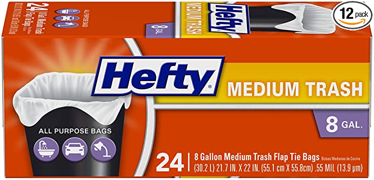 Hefty Flap Tie Medium Trash Bags - 8 Gallon, 12 Packs of 24 Count (288 Total)