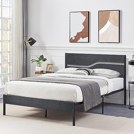 VECELO Full Size Platform Bed Frame with Wood Headboard, Strong Metal Slats Support Mattress Foundation, No Box Spring Needed