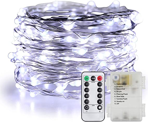 ER CHEN Fairy Lights Battery Operated Waterproof 8 Modes with Remote Timer, 33ft 100 LED Silver Coated Copper Wire Twinkle String Lights for Indoor Outdoor Decor (Cool White)