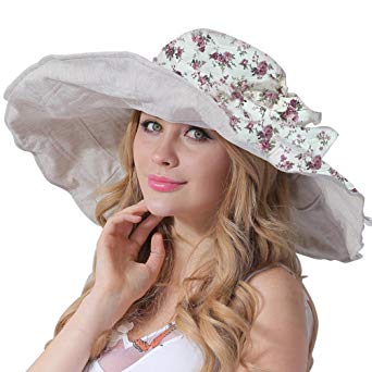 RIONA Women's UPF 50  Foldable Floppy Reversible Wide Brim Sun Beach Hat with Bowknot