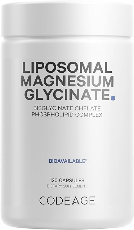 Codeage High Absorption Liposomal Magnesium Glycinate Pills - Magnesium Bisglycinate Supplement - Vegan Capsules with BioPerine for Bioavailability, Bisglycinate Mineral Supplement - 120 Ct