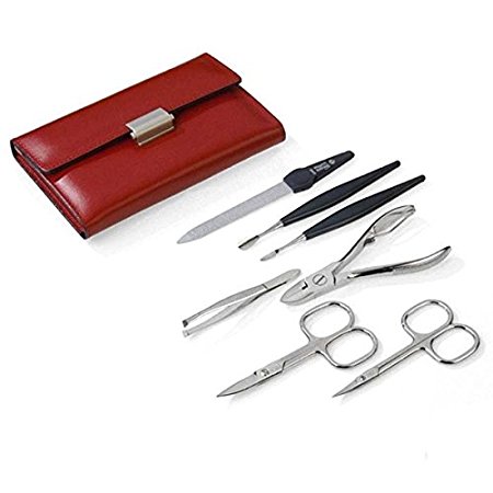 7 pcs Women's Manicure Set in Red Leather Case. Made by Niegeloh in Solingen, Germany
