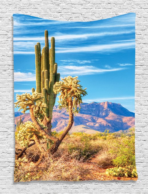 Western Organpipe Cactus Arizona Dream Sonoran Desert Sunrise Superstition Wilderness Loneliness Panorama Wild West Spirit Tapestry Wall Hanging Living Room Bedroom Dorm Decor, Lime Brown Blue