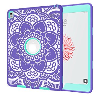 iPad Pro 9.7 Case A1673/A1674/A1675, Hocase Rugged Shock Absorbent Dual Layer Hard Rubber Protective Case with Cute Flower Pattern for iPad Pro 9.7-inch 2016 - Purple / Mint Green