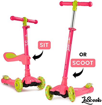 Lascoota 2-in-1 Kick Scooter with Removable Seat Great for Kids & Toddlers Girls or Boys – Adjustable Height w/Extra-Wide Deck PU Flashing Wheels for Children from 2-14 Years Old