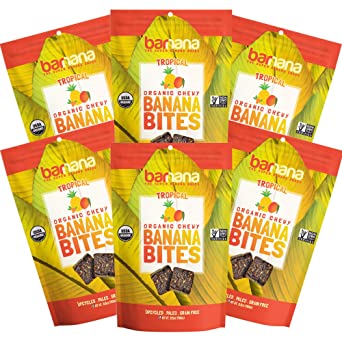 Barnana Organic Chewy Banana Bites - Tropical - 3.5 Ounce, 6 Pack Bites - Delicious Potassium Rich Banana Snacks - Lunch Dinner Sports Hiking Natural Snack - Whole 30, Paleo, Vegan