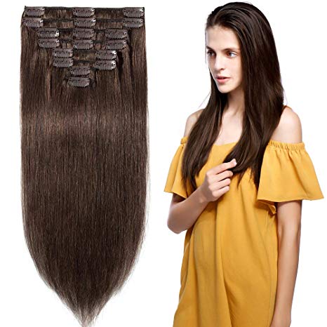 13 inch 80g Clip in Remy Human Hair Extensions Full Head 8 Pieces Set Short length Straight Very Soft Style Real Silky for Beauty #4 Medium Brown