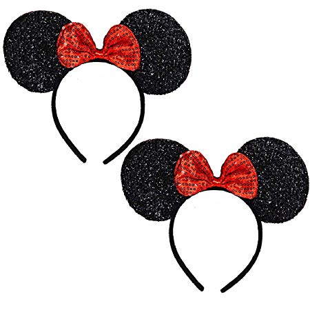 Mickey Minnie Mouse Ears, FANXIER Set of 2 Minnie Ears Headbands Sequin Hair Band for Girls Women Boys Party (Sequin Red)