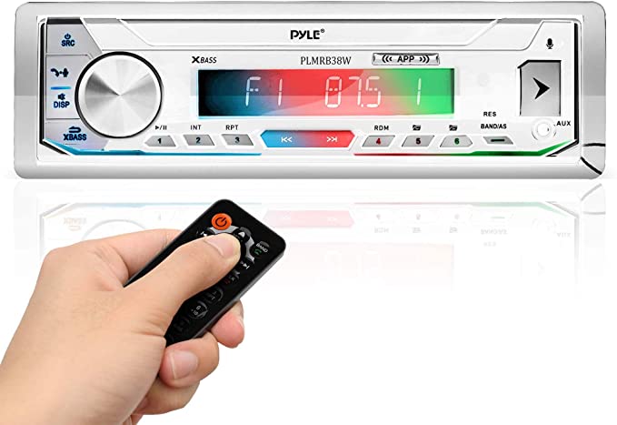 Pyle Marine Stereo Receiver Power Amplifier - AM/FM/MP3/USB/Aux/SD Card Reader Marine Stereo Receiver, Single Din, 30 Preset Memory Stations, LCD Display with Remote Control - PLMRB39W