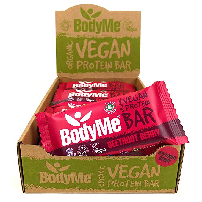 BodyMe Organic Vegan Protein Bar | Raw Beetroot Berry | 12 x 60g Healthy Snack Bars | 16g Complete Protein | Gluten Free | 3 Plant Proteins | All Essential Amino Acids | High Protein Vegan Snacks