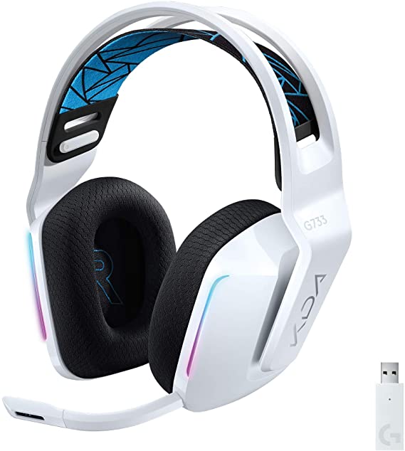 Logitech G733 K/DA Lightspeed Wireless Gaming Headset with Suspension Headband~16.8 M. Color LIGHTSYNC RGB, Blue VO!CE Mic Technology and PRO-G Audio Drivers - Official League of Legends KDA Gear