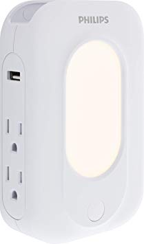 Philips Surge Protector Outlet Adapter Wall Tap, 2 USB ports, 4 Outlet, Light Sensing Night Light, Side Access Outlet, Charging Station, Built-in Device Shelf, On/Off Light Sensor, White, SPP6241WC/37