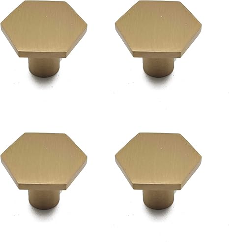 Solid Brass Gold Knobs,4-Pack Knobs for Dresser Drawers Cabinet Knobs 1.2" Hexagon Set of 4