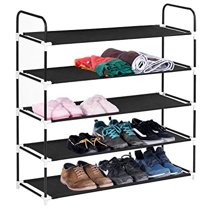 5 Tiers Shoe Rack, MaidMAX 5-Shelf Metal Frame Nonwoven Space Saving Shoe Tower Cabinet Free Standing Storage Organizer Shelf for 25 Pairs of Shoes, Black, 36.4'' Height