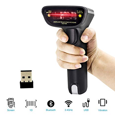 Alacrity 1D Bluetooth Barcode Scanner,Handheld Laser 3 in 1 Bluetooth 2.4G Wireless USB Bar Code Reader,with Vibration Function