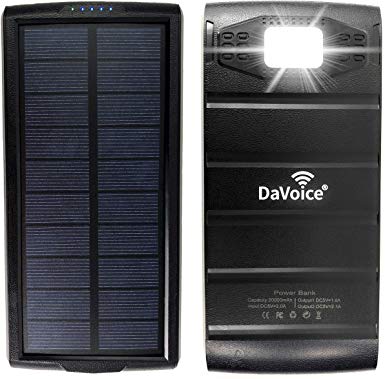 DaVoice Solar Power Bank Solar Charger, Solar Phone Charger Waterproof USB Battery Pack 20000 mah Portable Charger, Hiking Gear Emergency Camping Solar Battery Charger with 2 USB Ports and Flashlight