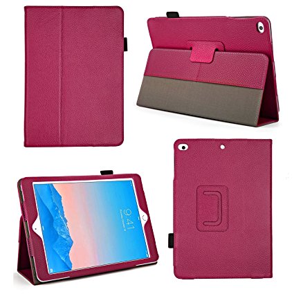 Bear Motion for New iPad 2017 and iPad Air 1 - Genuine Cowhide Leather Case with Hand Strap, Built-in Stand and Auto Wake/Sleep Function for Apple iPad Air 1 and New iPad 2017 - Hot Pink
