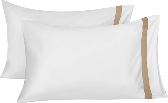 BIOWEAVES 100% Organic Cotton Banded Pillow Cases Soft Sateen Weave GOTS Certified – Standard/Queen Size, Set of 2, White & Sand