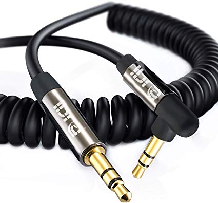 2M Spiral Aux Cable 3.5mm Stereo Premium Auxiliary Audio Coiled 90 Degrees Right Angled Cable -for Beats Headphones Apple iPod iPhone iPad Samsung LG Smartphone MP3 Home/Car etc - IBRA Slim Gun
