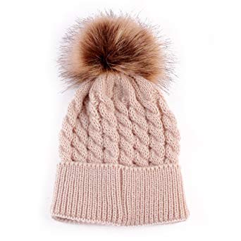 Emmababy Baby Boys Girls Winter Knit Beanie Parent-Child Raccoon Fur Pom Bobble Hat Family Crochet Ski Cap