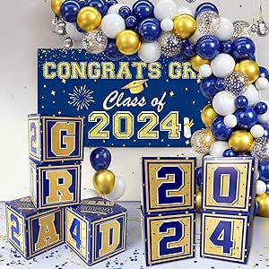 Graduation Decorations Class of 2024, 68pcs Navy Blue and Gold Graduation Party Supplies Balloon Arch Kit, Boxes, Congrats Backdrop, Grad Banner for High School College Graduation Party Decor