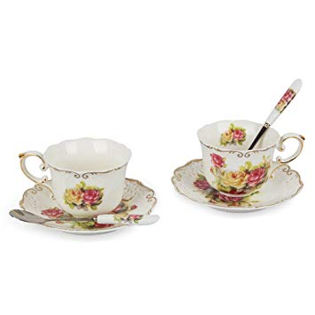 Porcelain Tea Cup and Saucer Coffee Cup Set with Saucer and Spoon, Set of 2