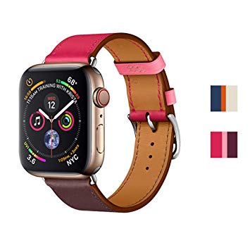 INTENY Genuine Leather Replacement Band with Stainless Steel Buckle Single Tour Compatible for Apple Watch Series 4/3 / 2/1, 38mm 40mm 42mm 44mm