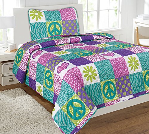 Mk Collection 2 Pc Bedspread Teens/girls Pink Purple Teal Heart Flower Peace Sighn Safari New
