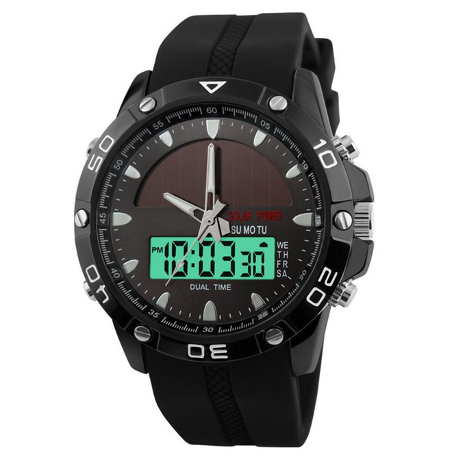 Solar Watches for Men, JIGE Solar Powered Quartz Watch 2 Display Multifunctional Sports Watch (Black)