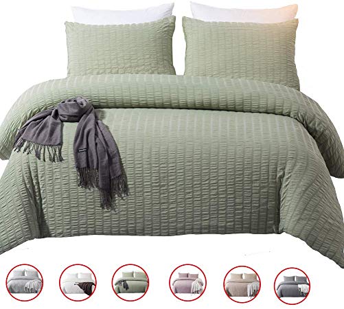 DuShow Queen Duvet Cover Set Solid Soft Seersucker Bedding Set Hotel Quality High Thread Count 3 Pieces Comforter Cover Set Green