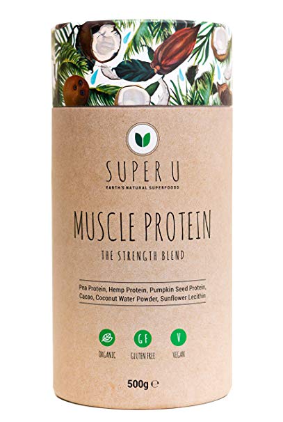Muscle Protein by Super U | Organic Vegan Protein Powder 500g | Plant Based Protein Including Pea Protein, Pumpkin Seed Protein, Hemp Protein, Raw Cacao & Coconut Water | Great Taste & NO Sweeteners