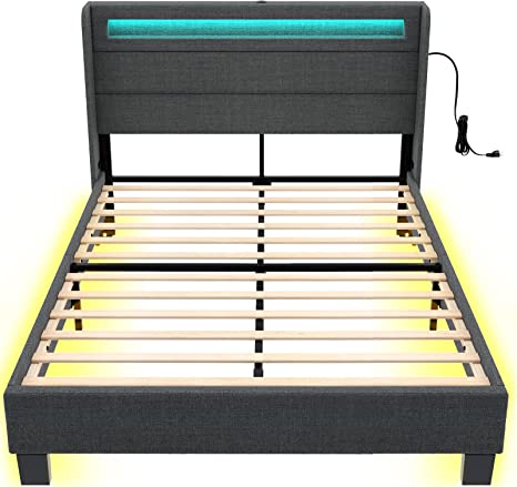 Rolanstar Bed Frame Full Size with Headboard, Motion Activated Night Light and LED Lights with USB Ports, Upholstered Platform Bed, Mattress Foundation/No Box Spring Needed, Dark Grey