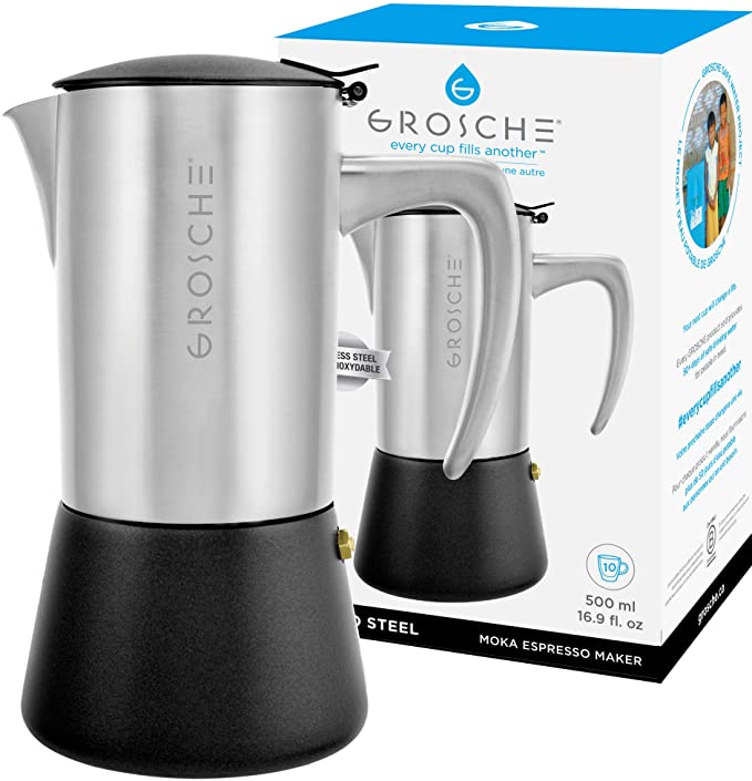 GROSCHE Milano Steel 10 Espresso Cup Brushed Stainless Steel Stovetop Espresso Maker Moka Pot - Cuban Coffee Maker Italian Espresso Greca Coffee Maker for Induction Gas or Electric stoves