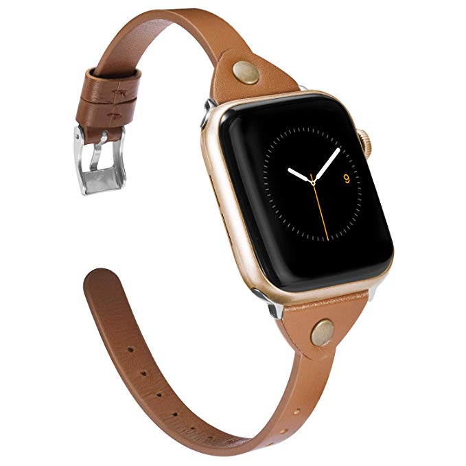 Wearlizer Brown Slim Leather Compatible with Apple Watch Bands 38mm 40mm iWatch Womens Mens Strap Classic Simple Wristbands Leisure Bracelet (Metal Silver Clasp) Series 4 3 2 1 Nike  Edition Sports