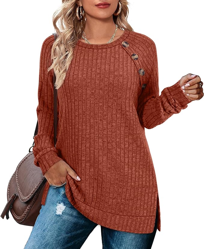 Aokosor Long Sleeve Tops Women Lightweight Jumpers Ladies Button Side Splits Tunic