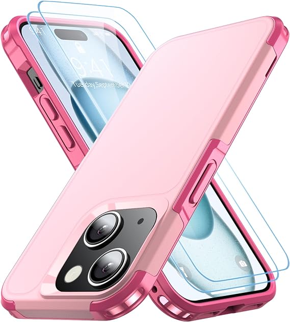 AEDILYS Shockproof for iPhone 15 Case,[15 FT Military Grade Drop Protection],with 2X [Tempered Glass Screen Protector ] with Air Bumpers Full-Body Protective Phone Case, Pink