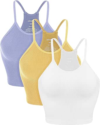 ODODOS Women's Crop 3-Pack Washed Seamless Rib-Knit Camisole Crop Tank Tops