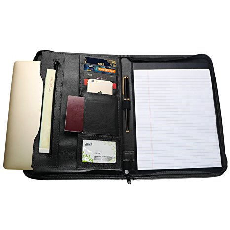 TYSON Portfolio Case Personal Organizer Travel Padfolio Zippered Closure with Writing Pad Holder, Pockets and Card Holders for Resume Document and Notebook, 10.1 Inch (Black)