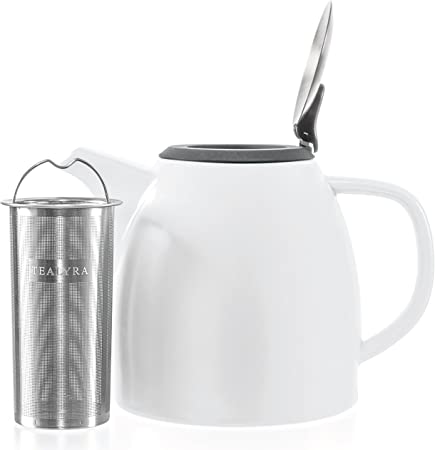 Tealyra - Drago Ceramic Teapot - 1100ml (5-6 Cups) - Large Stylish High-Fired Ceramic Teapot with Stainless Steel Lid and Extra-Fine Infuser to Brew Loose Leaf Tea - Dishwasher-Safe - BPA Fre - White