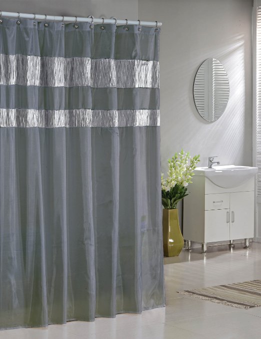 Faux Silk Fabric Shower Curtain: Shimmering Metallic Accents (Silver Gray)