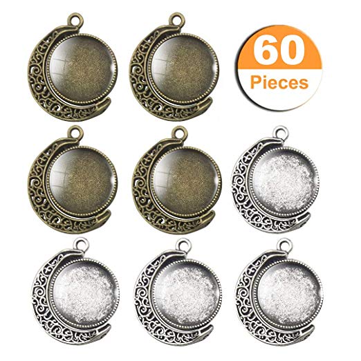 LANBEIDE 20PCS Moon Rotation Double Sided Round Bezel Blank 18mm Pendant Trays, with 40 Pieces Cabochons Settings Trays for Jewelry Making DIY Findings(Silver, Antique Bronze)
