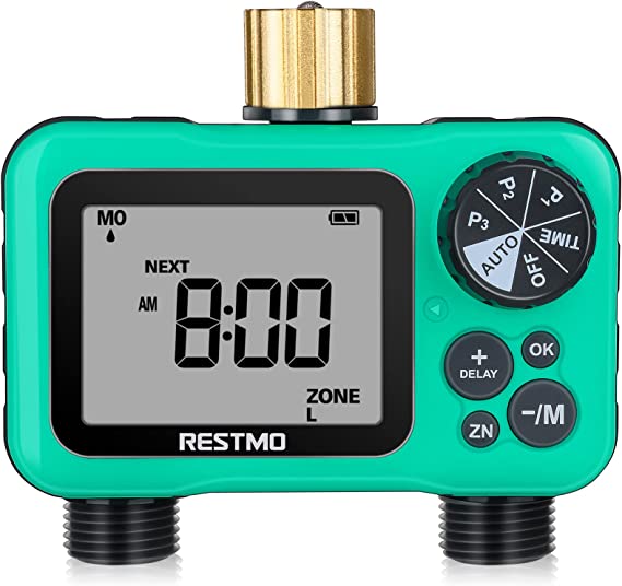 RESTMO 2-Outlet Sprinkler Timer with 3 Separate Programs, Interval or 7-Day Week Programmable Hose Timer, 2 Zone Water Timer with Pure Brass Inlet, Ideal for Garden, Lawn and Control Drip Irrigation