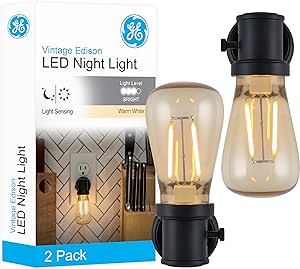 GE Vintage LED Edison Night Light, Plug-in, Dusk to Dawn, Farmhouse Decor, Mood Lighting, Home Decor, Ambient Lighting, LED Lights for Bedroom, Bathroom, Kitchen, Hallway, Black, 2 Pack, 71349