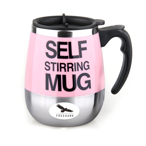 Freehawk® Hot Sale Novelty Automatic Electric Stirring Coffee Mug Double Layer Stainless Steel Self Stirring Auto Coffee Mugs Self Mixing Cup for Morning, Office, Travelling in Pink (450ml/15.2oz)